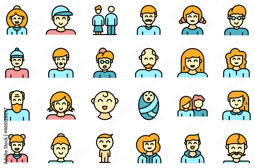 Poster generation icons set. outline set of generation vector icons thin line color flat on white