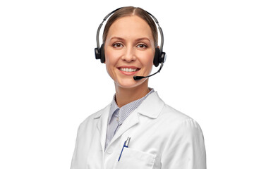 medicine, profession and healthcare concept - happy smiling female doctor with headset over white...