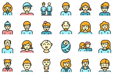 Generation icons set. Outline set of generation vector icons thin line color flat on white