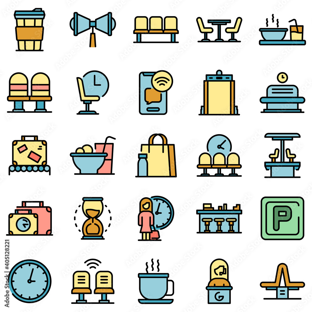 Poster waiting area icons set. outline set of waiting area vector icons thin line color flat on white