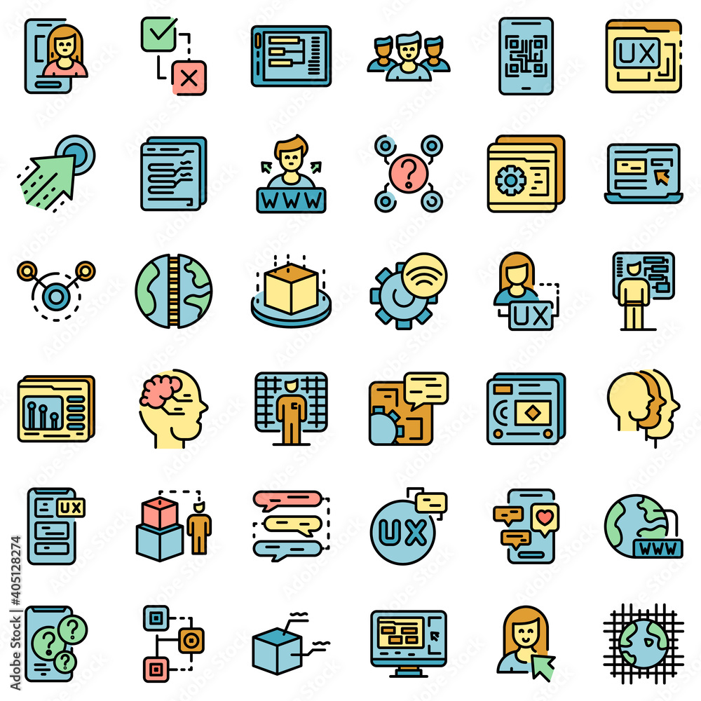 Poster interaction icons set. outline set of interaction vector icons thin line color flat on white