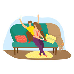 Cheerful lovely couple playing together computer game, family entertainment console fun cartoon vector illustration, isolated on white. Comfortable cozy living room, joy evening spend time.