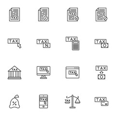 Tax related line icons set, outline vector symbol collection, linear style pictogram pack. Signs, logo illustration. Set includes icons as online tax management, financial accounting, banking document