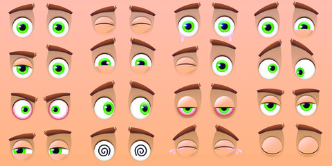 Big set of smileys and cartoon eyes isolated on a beige background. Comic observing eye, funny facial expressions and human emotions happy and crying sad pair of eyes. Vector illustration