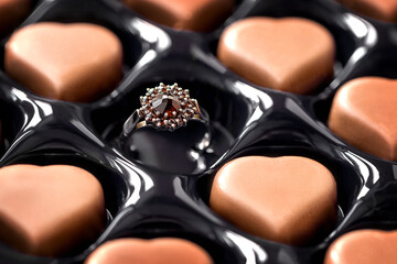 Engagement ring in empty cell of box with heart-shaped chocolates. Valentine day celebrating gift