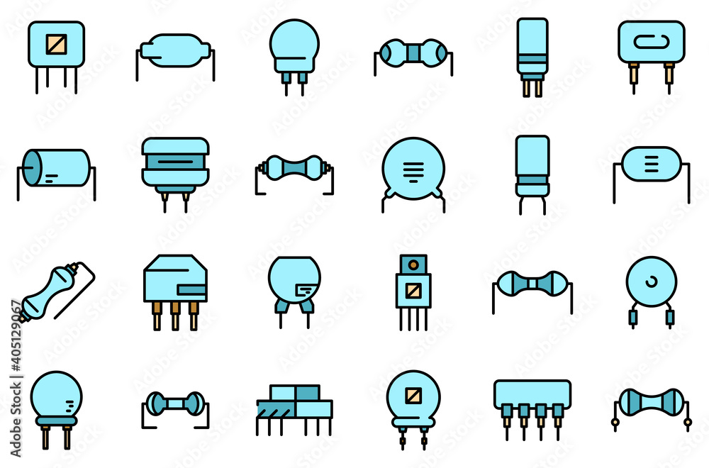 Poster resistor icons set. outline set of resistor vector icons thin line color flat on white