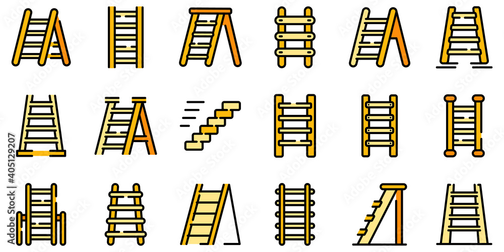 Poster step ladder icons set. outline set of step ladder vector icons thin line color flat on white