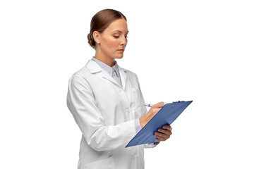 medicine, profession and healthcare concept - female doctor or scientist in white coat with...