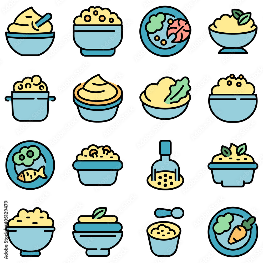 Poster mashed potatoes icons set. outline set of mashed potatoes vector icons thin line color flat on white