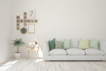 White living room with sofa. Scandinavian interior design. 3D illustration