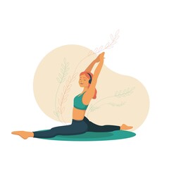 Woman meditating in the Lotus position and saying Om. Girl with the headphones practising the guided meditation. Modern flat illustration on yoga topic. Vector illustration in flat style. Young woman