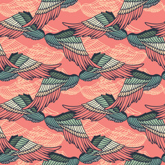 Vintage seamless psychedelic pattern with hand-drawn wings feathers. doodle illustration.