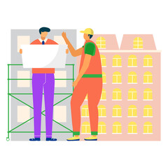 Engineer male hold structure blueprint drawing, builder worker in protected helmet flat vector illustration, isolated on white. Construction sleeping area, working process edifice household.