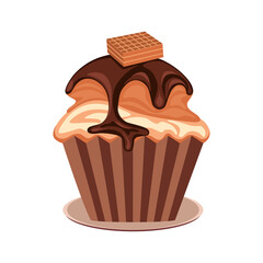 Chocolate cupcake isolated on white, vector illustration, flat design.