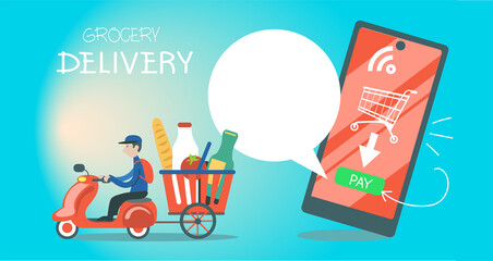 Vector illustration. Fast food delivery service. Application concept for online food ordering. With speech bubble for promotional text.