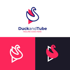 Duck and video icon combo logo design vector template. play icon, video production logo design template 