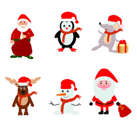 Merry Christmas! Happy Christmas companions. Santa Claus, Snowman, Reindeer Christmas snow. Vector illustration.