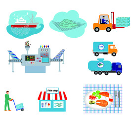 Fisherman flat icons. Fishing people with fish and equipment vector set. Fishing equipment, leisure and hobby catch fish illustration