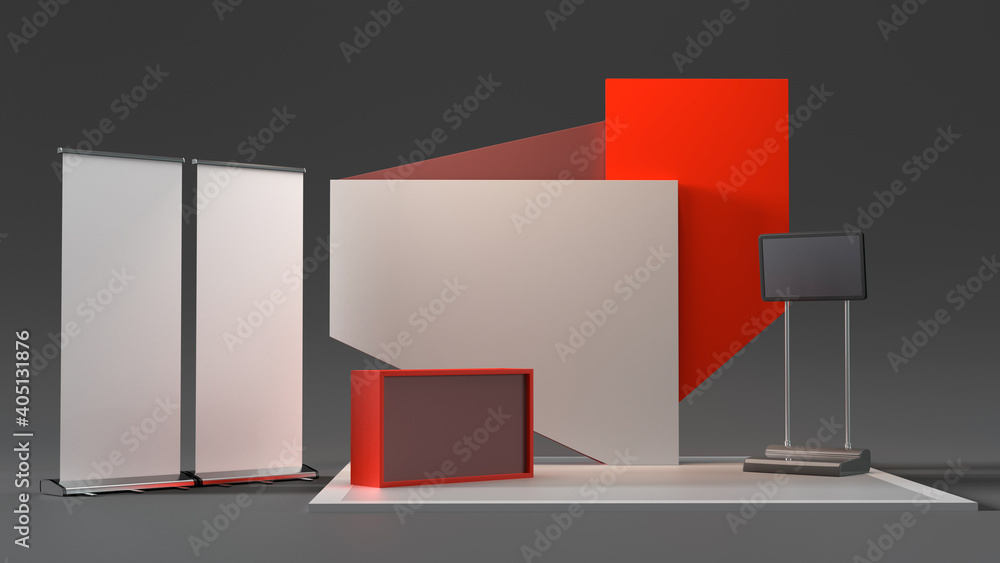 Poster exhibition stand design with tv display. red booth mock-up with roll-up banner. 3d rendering