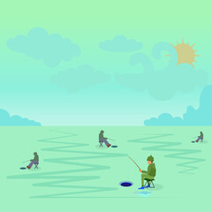 Obraz na płótnie Canvas Fisherman flat icons. Fishing people with fish and equipment vector set. Fishing equipment, leisure and hobby catch fish illustration