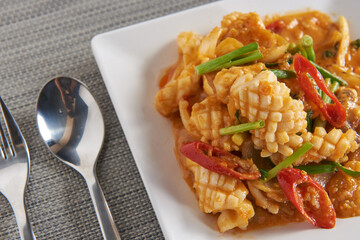 Stir Fried Squid with Curry Powder Delicious dishes of Thailand