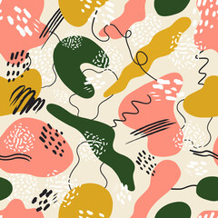 Fototapeta premium Abstract vector background with hand drawn textures, memphis style. Universal card, pastel colors. Retro design, fashion art.