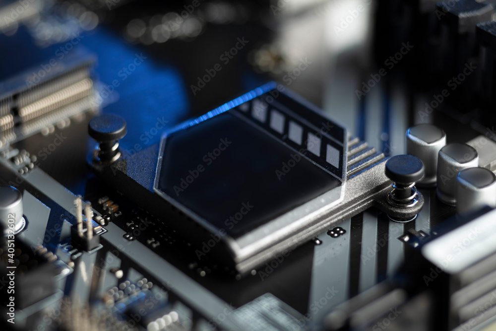 Poster computer microchip on the system board. silicon chip, hardware data processing.