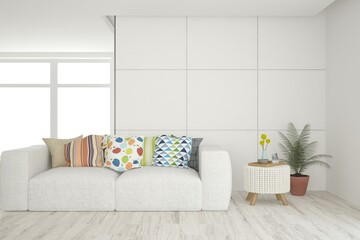 White living room with sofa. Scandinavian interior design. 3D illustration