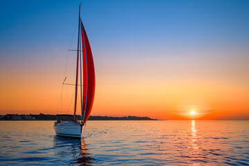 Segelyacht, Segelboot im Sonnenuntergang  auf der Ostsee vor Kühlungsborn..