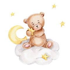 Cute teddy bear sitting on the cloud with stars; watercolor hand drawn illustration; can be used for baby shower or postcard; with white isolated background - obrazy, fototapety, plakaty