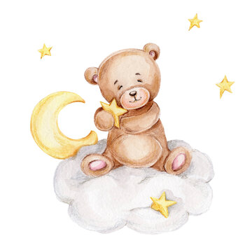 Naklejka Cute teddy bear sitting on the cloud with stars  watercolor hand drawn illustration  can be used for baby shower or postcard  with white isolated background