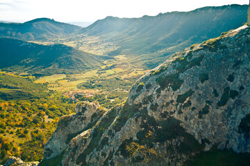 Corbieres valley and Duilhac village from the top of the mountain, France