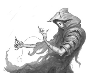 Body weaver in mask and rags fantasy sketch art. Ghost weaver wearing a bone mask. Ghost in a hoodie sectarian. © Konstantin Gerasimov