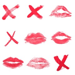 Red Lipstick Kisses and x symbol on white background