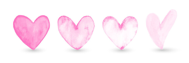 Set of hand-painted watercolor pink heart isolated on white background