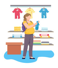 Pregnant woman standing newborn clothing store, female late gestation period hold child suit cartoon vector illustration, isolated on white. Concept infant wear shop, young expectant mother.