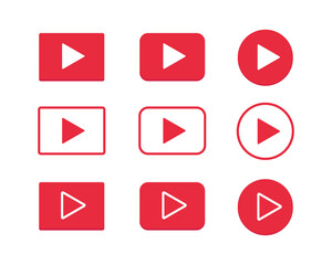 Red play buttons in different form. Media icons isolated on white. Video player interface.