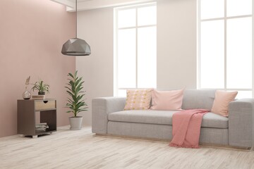 White living room with sofa. Scandinavian interior design. 3D illustration