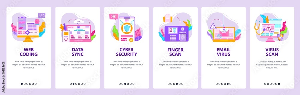 Aufkleber web and software development. cyber security, antivirus, fingerprint. mobile app screens, vector web