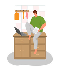 Male character sitting on kitchen table, laptop remote working process, man hold document paper flat vector illustration, isolated on white. Modern job activity, digital gadget personal computer.