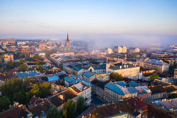 Obraz premium Aerial veiw on Elizabeth church in Lviv, Ukraine from drone