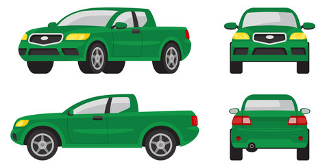 Fototapeta na wymiar Pickup truck in different angles. Green automobile in cartoon style.