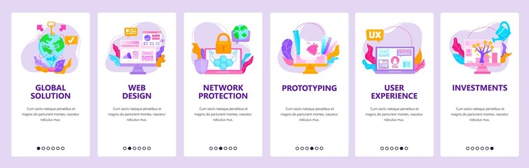 Global innovation investments, network protection, web design, ux. Mobile app screens, vector website banner template.