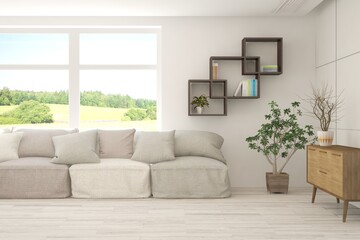 White living room with sofa and summer landscape in window. Scandinavian interior design. 3D illustration