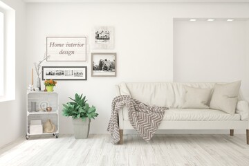 White living room with sofa. Scandinavian interior design. 3D illustration