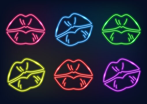 Neon sign. Set of lips in neon style. Laser glowing lines on a dark background.