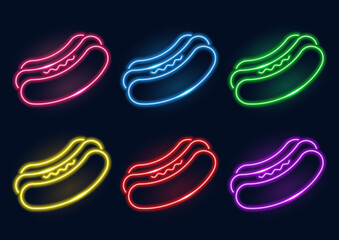 Neon sign. Set of hot dogs in neon style. Laser glowing lines on a dark background.