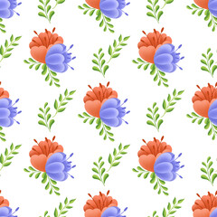 Seamless pattern with red and purple flowers on white background. Brunches. For print textile, wrapping paper. Scrapbooking. Summer wallpaper.