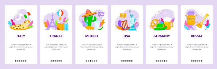 Travel to Italy, France, Mexico, USA, Germany, Russia. Mobile app onboarding screens, vector website banner template.