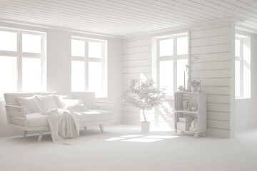 Grey living room with sofa. Scandinavian interior design. 3D illustration